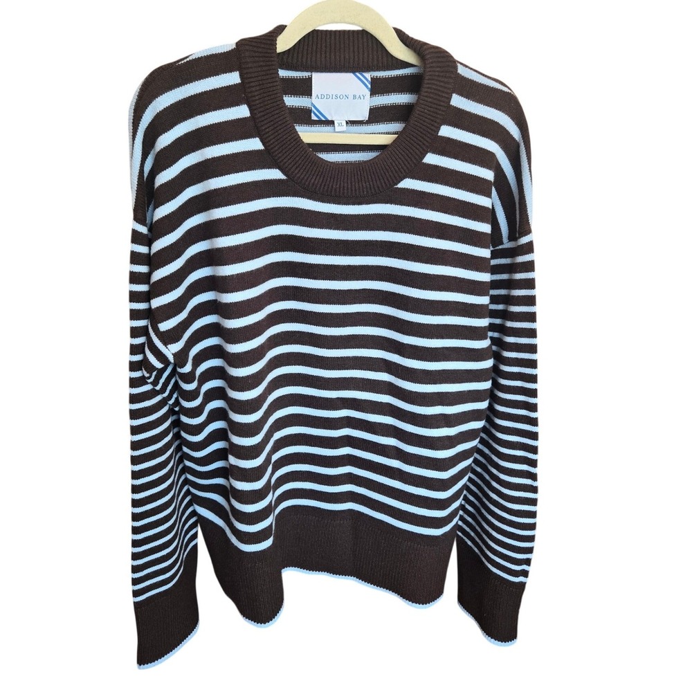 Addison Bay Striped Knit Sweater Brown Light Blue Crewneck Pullover XL Preppy